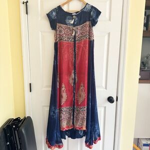 Lobaanya Tie Dye Paisley Maxi Dress‎ Red Blue Women's Size M Gypsy Hippie Boho